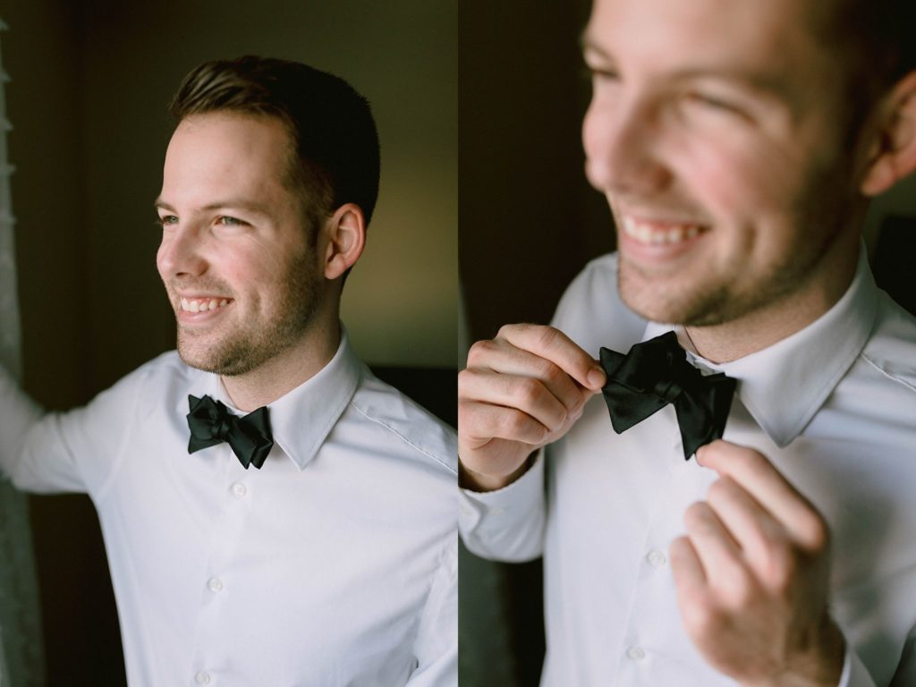 standing out with a bold bow tie groomsmen on his wedding day getting ready detroit wedding photographer lake orion wedding photographer