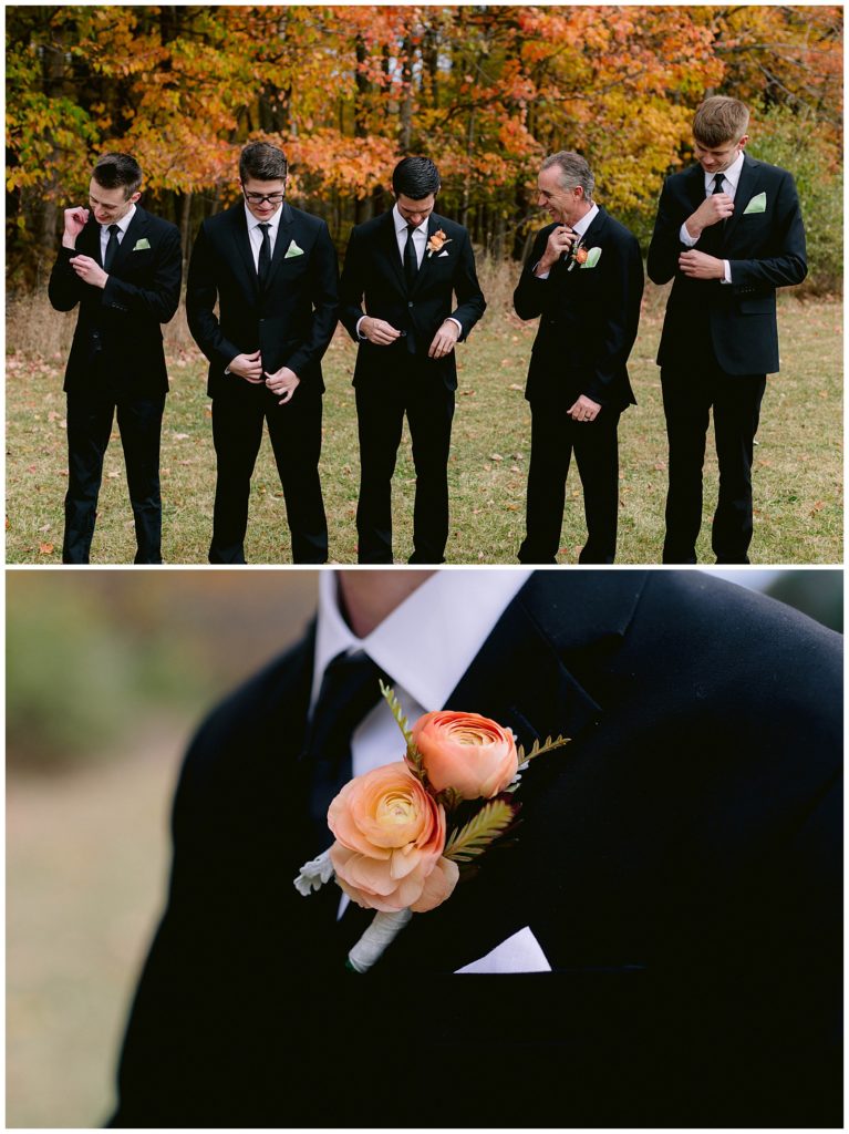 Groomsmen walking and laughing candidly for a photo before the wedding ceremony.