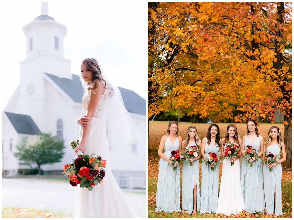 Bridesmaid pose for a photo in front of beautiful fall trees while bride stands before a church.