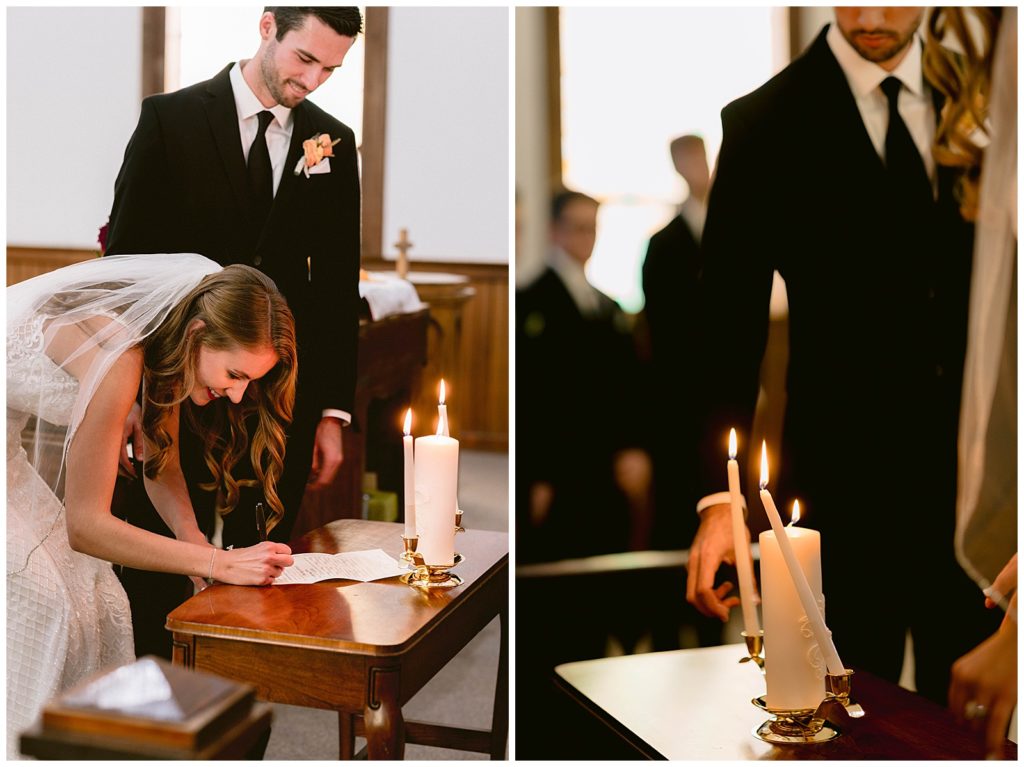 Bride and groom sign their marriage license during their detroit wedding ceremony.