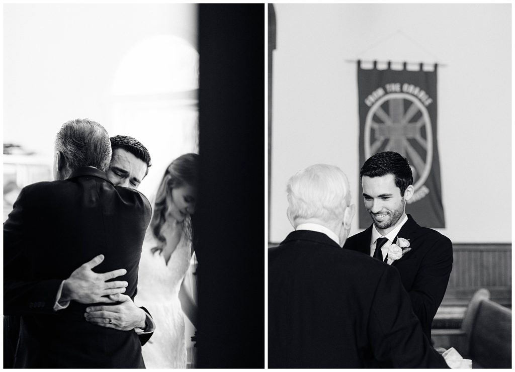 Groom cries as he leaves his wedding ceremony with happiness. Groom shown smiling at his grandpa.