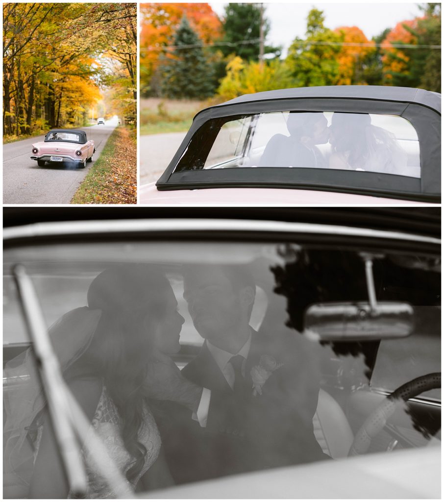 intimate bride groom portraits bride and groom get out of get away old car thunderbird pink on wedding day bridal gown beckers bridal luxury bride wedding detroit michigan private estate headed to the reception