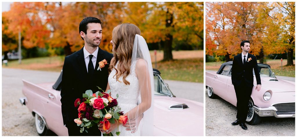 intimate bride groom portraits bride and groom get out of get away old car thunderbird pink on wedding day bridal gown beckers bridal luxury bride wedding detroit michigan private estate headed to the reception